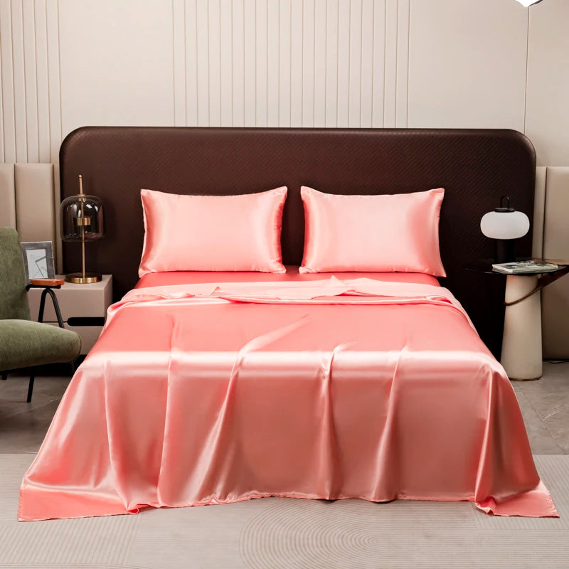 Satin Silk Bed Sheet with Pillowcase Twin/Full/Queen/King Top Sheets Solid Color Flat Bed Sheets Smooth Bed Sheet Sets