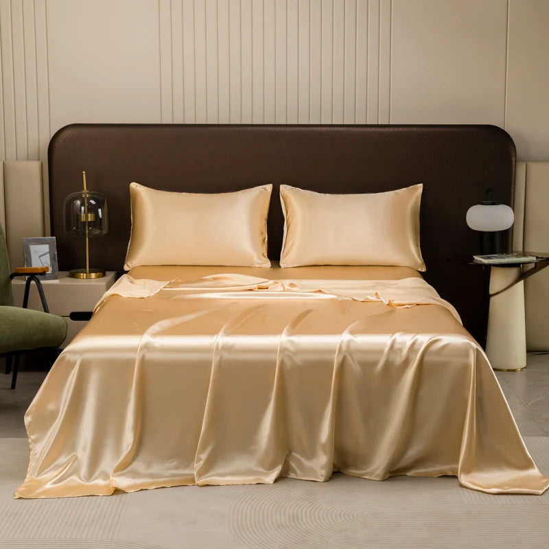 Satin Silk Bed Sheet with Pillowcase Twin/Full/Queen/King Top Sheets Solid Color Flat Bed Sheets Smooth Bed Sheet Sets