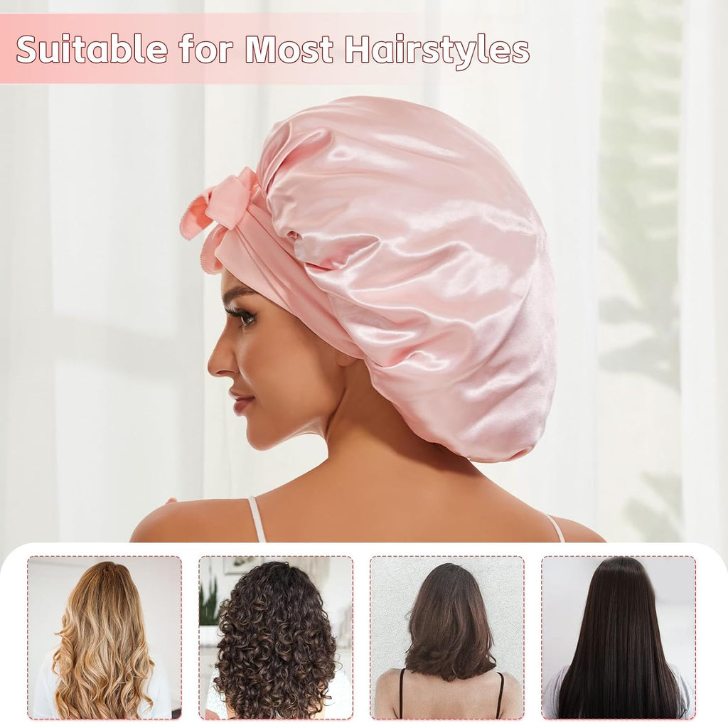Satin Silk Bonnet for Sleeping Women, Extra Double Layer with Adjustable Tie Band, Silk Bonnet for Curly Hair Long Braid (Pink) Shower Cap